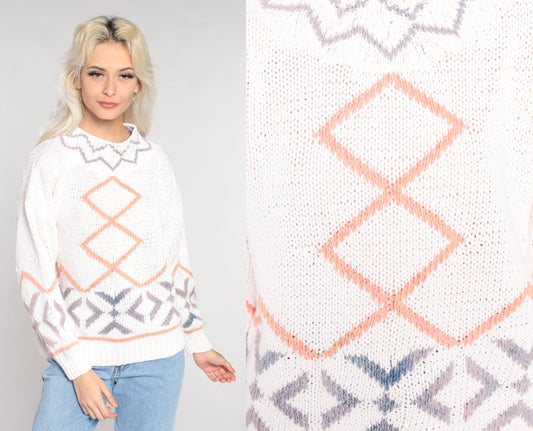 90s Diamond Geometric Knit Sweater White Cotton Ramie Pullover Medium M