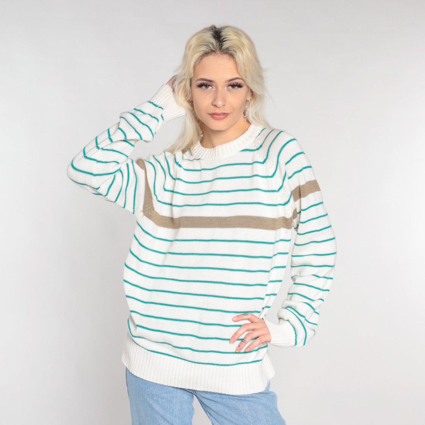 90s Striped Pullover Sweater White Green Tan Raglan Crewneck Large L