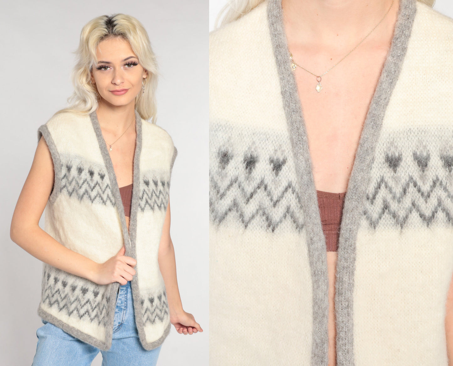 60s Wool Vest Cream Geometric Zig Zag Open Front Knit Small S