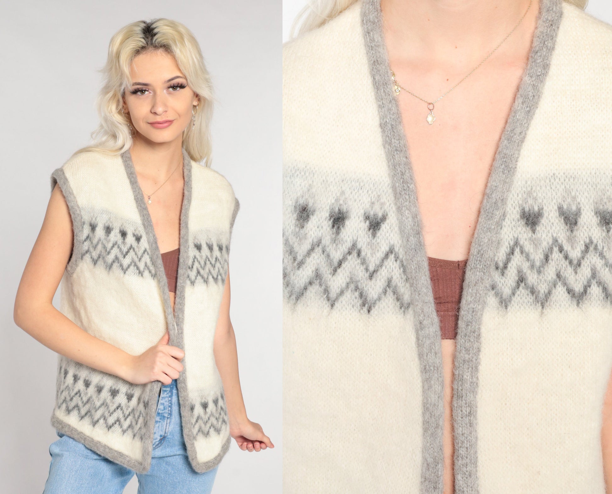 60s Wool Vest Cream Geometric Zig Zag Open Front Knit Small S