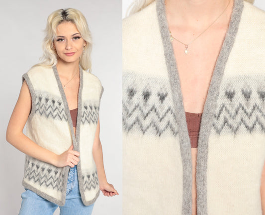 60s Wool Vest Cream Geometric Zig Zag Open Front Knit Small S
