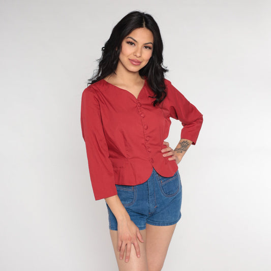 70s Red Button-Up Shirt Cotton Blend V-Neck 3/4 Sleeve Small S