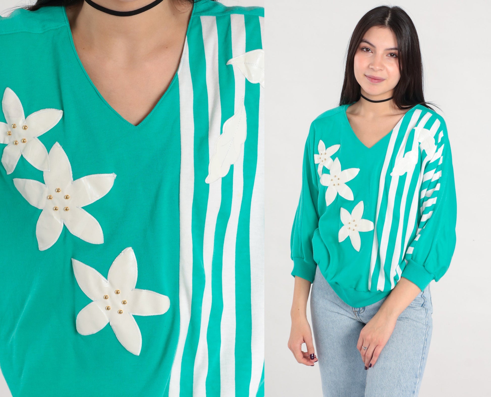 80s Green Floral Studded Striped Blouse V-Neck 3/4 Sleeve Medium