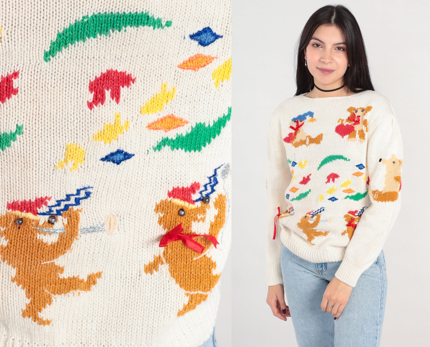 80s Animal Marching Band Sweater Teddy Bear Possum Dog Knit Medium