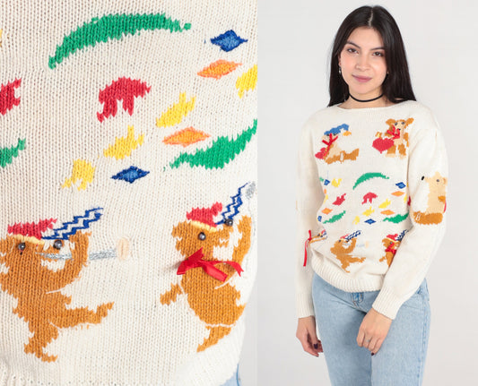 80s Animal Marching Band Sweater Teddy Bear Possum Dog Knit Medium