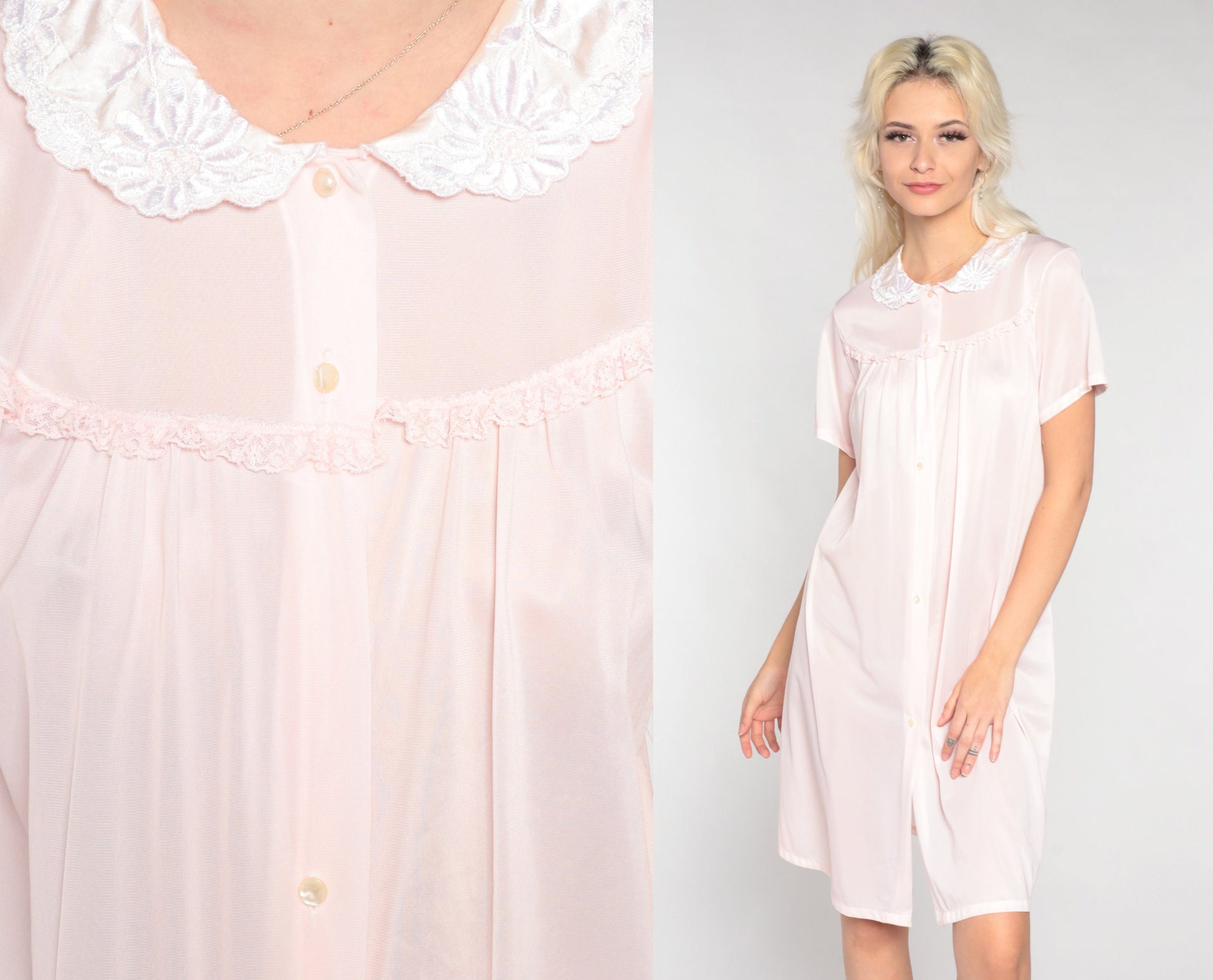 80s Pale Pink Floral Embroidered Nylon Nightgown Collared Mini Dress Medium M