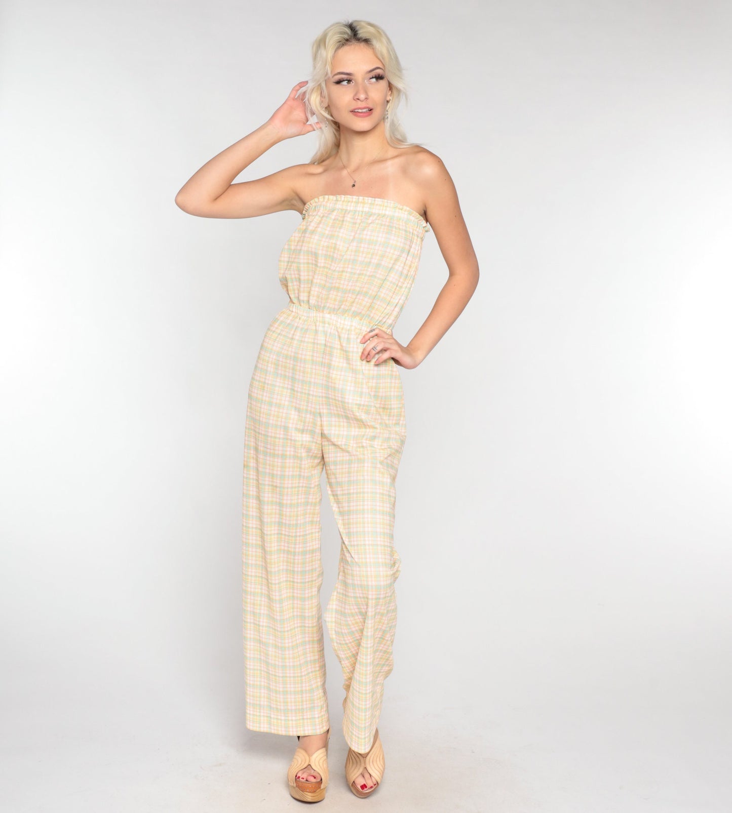 70s Plaid Strapless Jumpsuit Straight Leg High Waist White Yellow Small