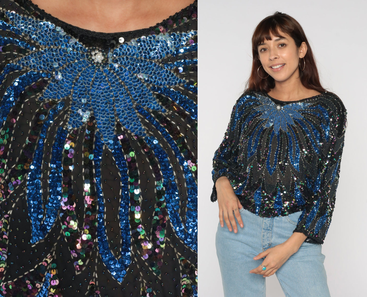 80s Black Sequin Beaded Blouse Blue Floral Dolman Sleeve Medium Large
