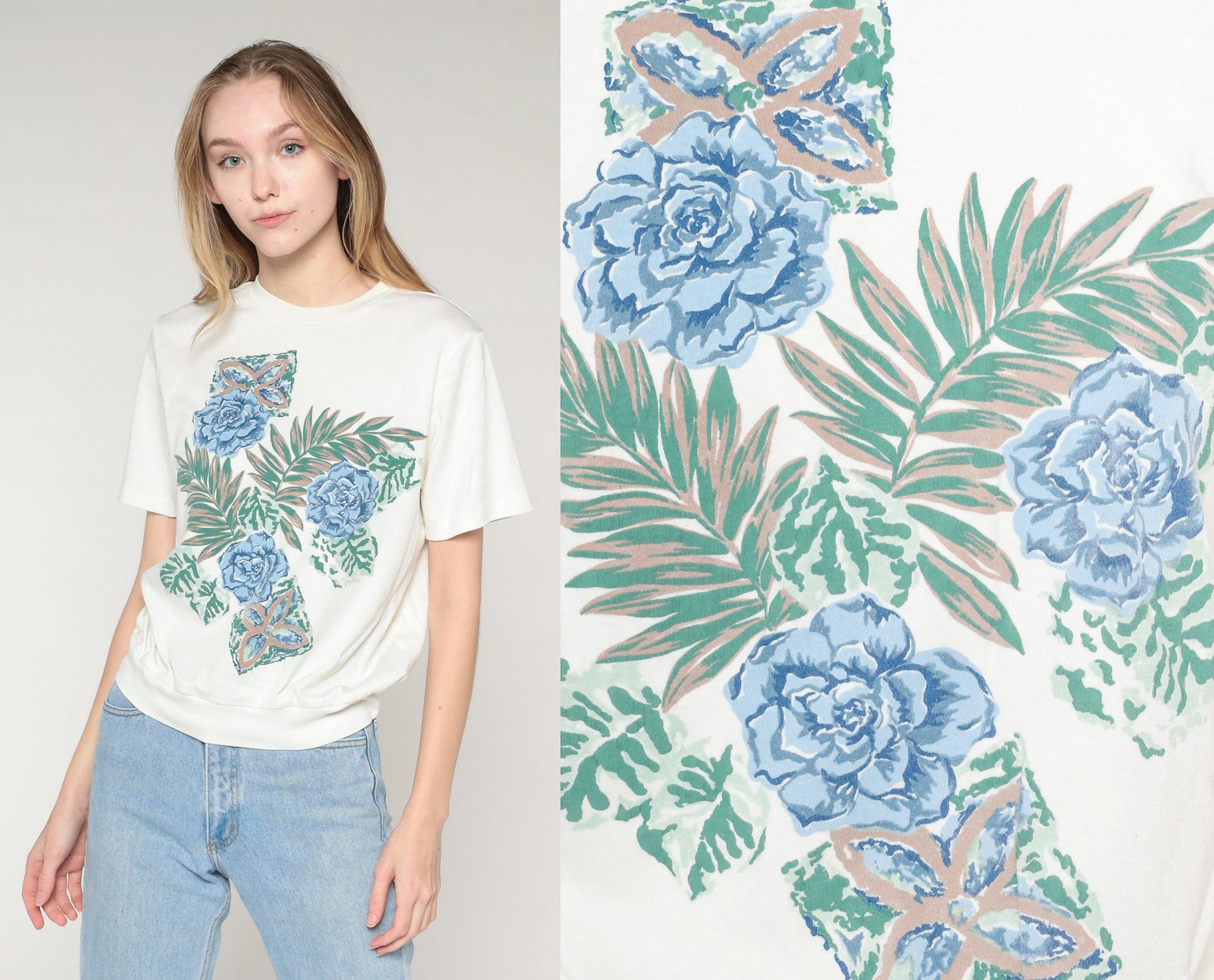 90s Floral Leaf Print T-Shirt White Banded Hem Graphic Tee Medium
