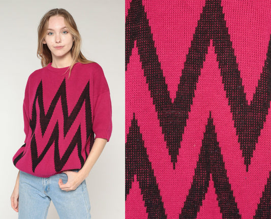90s Magenta Striped Knit Sweater Short Sleeve Black Chevron Large L