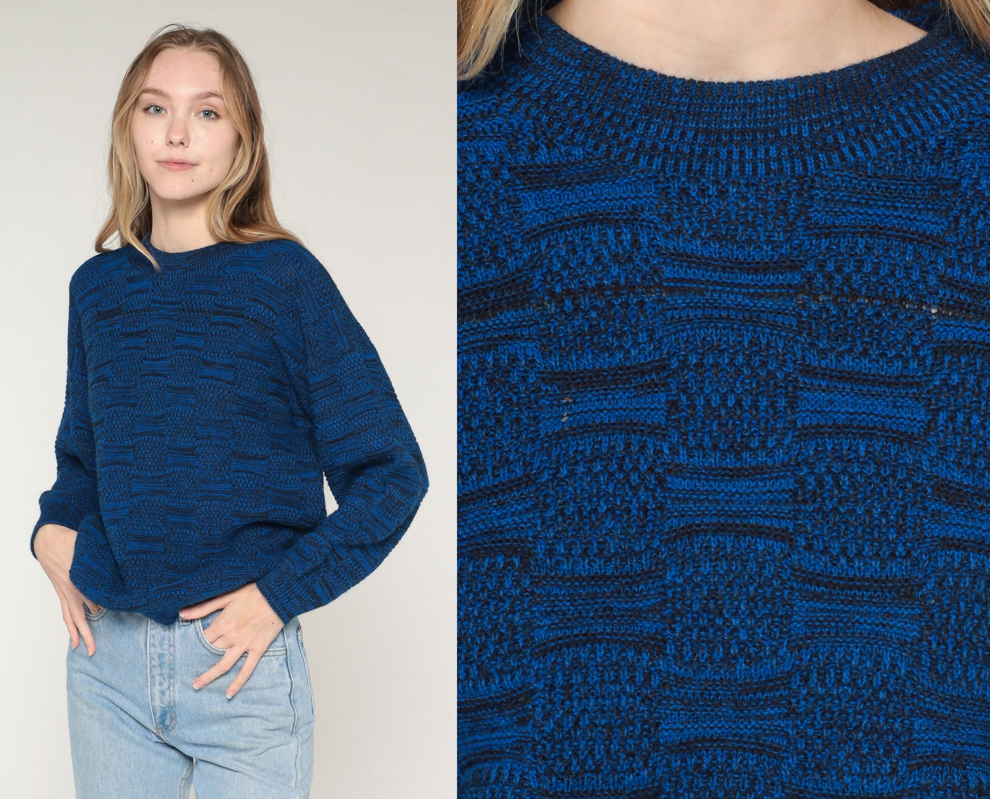 80s Blue Abstract Knit Sweater Crewneck Pullover Medium M