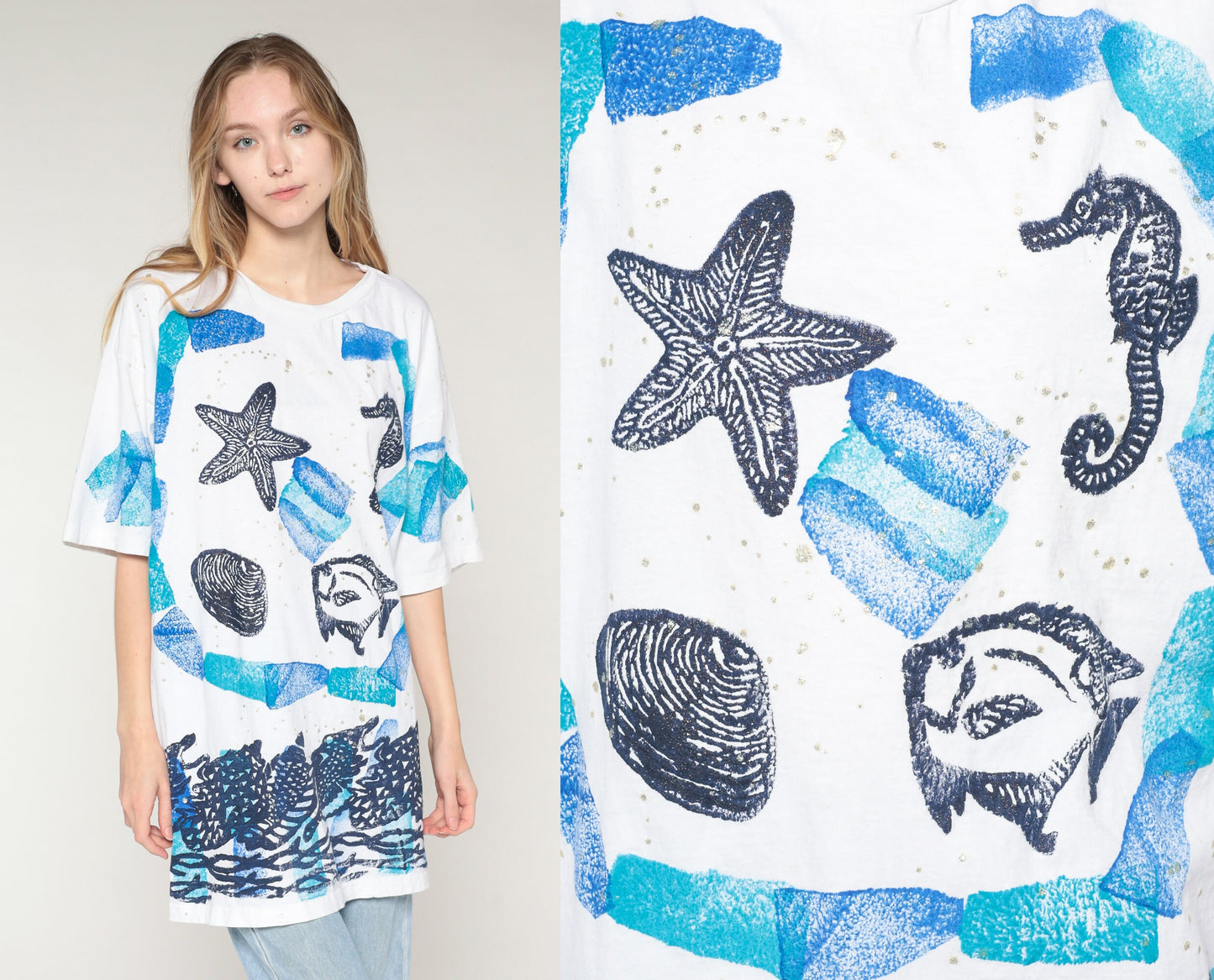 90s Under The Sea Tropical Fish T-Shirt Paint Stamp Graphic White Gold Flecks Extra Extra Large XXL