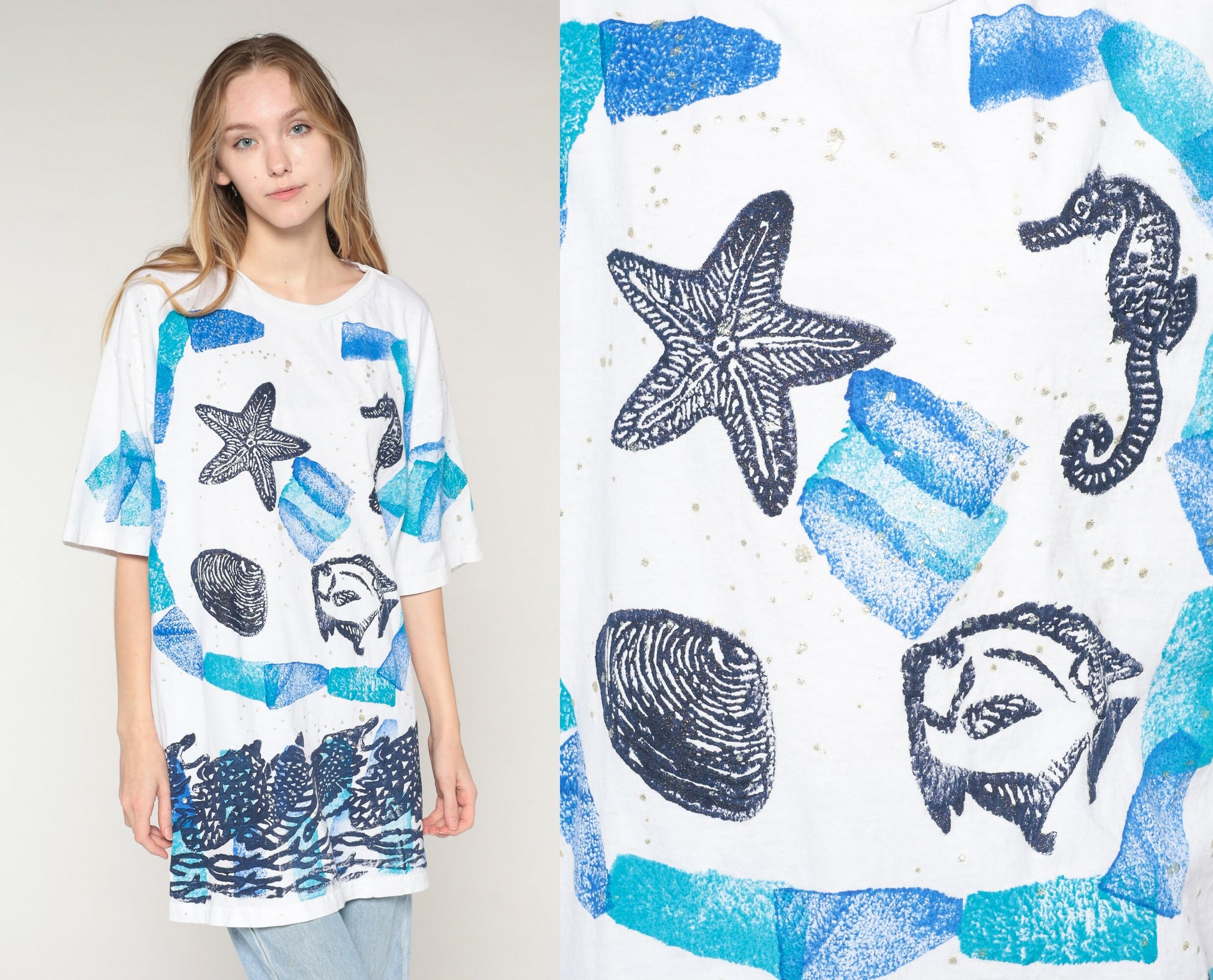 90s Under The Sea Tropical Fish T-Shirt Paint Stamp Graphic White Gold Flecks Extra Extra Large XXL