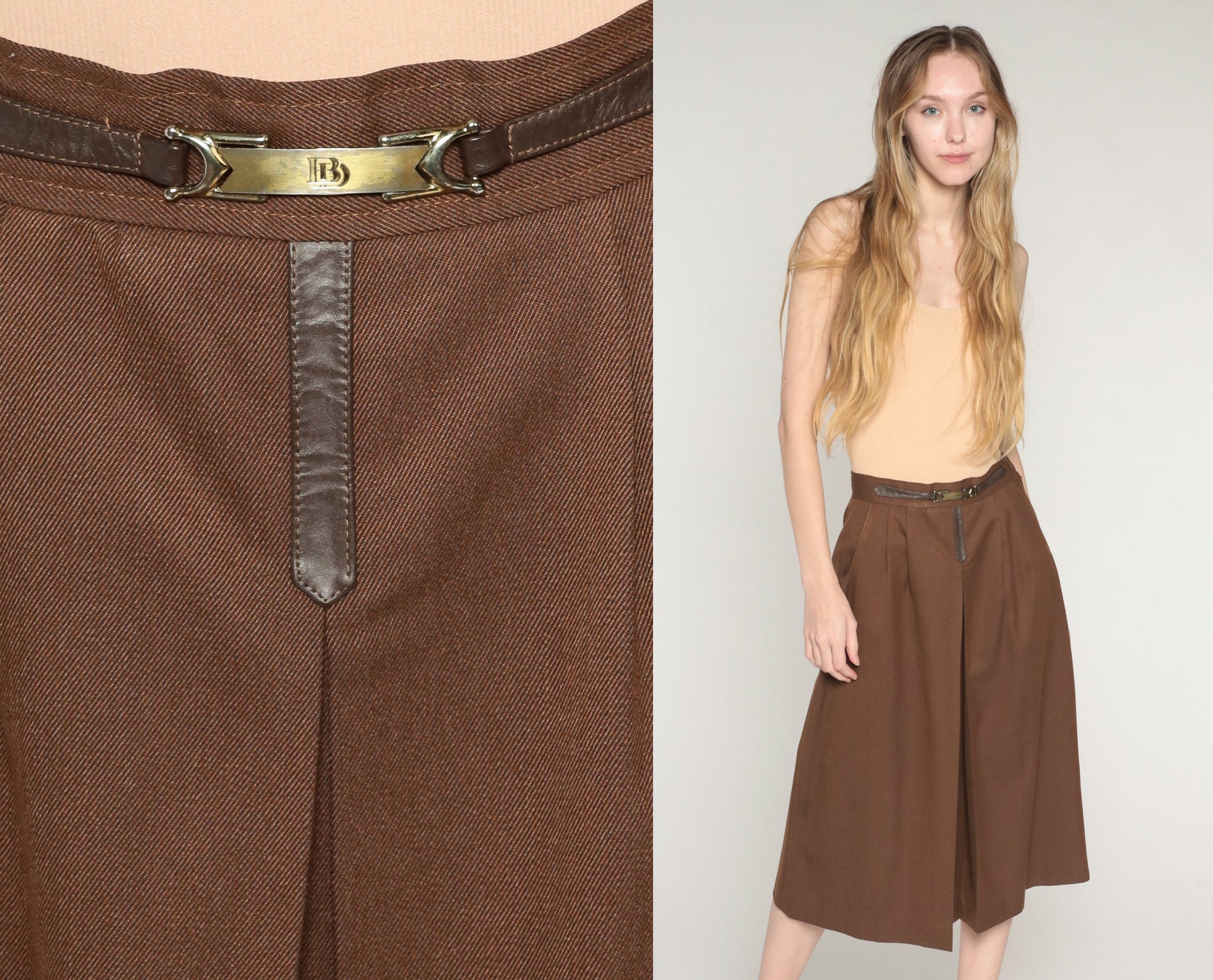 80s Brown Wool Blend Midi Skirt High Waist Pleated Side Zip Extra Small