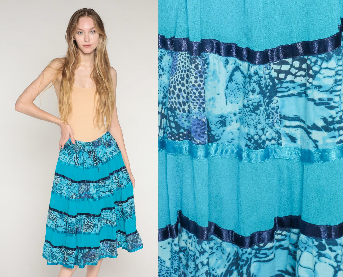 00s Blue Tiered Midi Skirt Animal Print Ribbon Trim Cotton Small