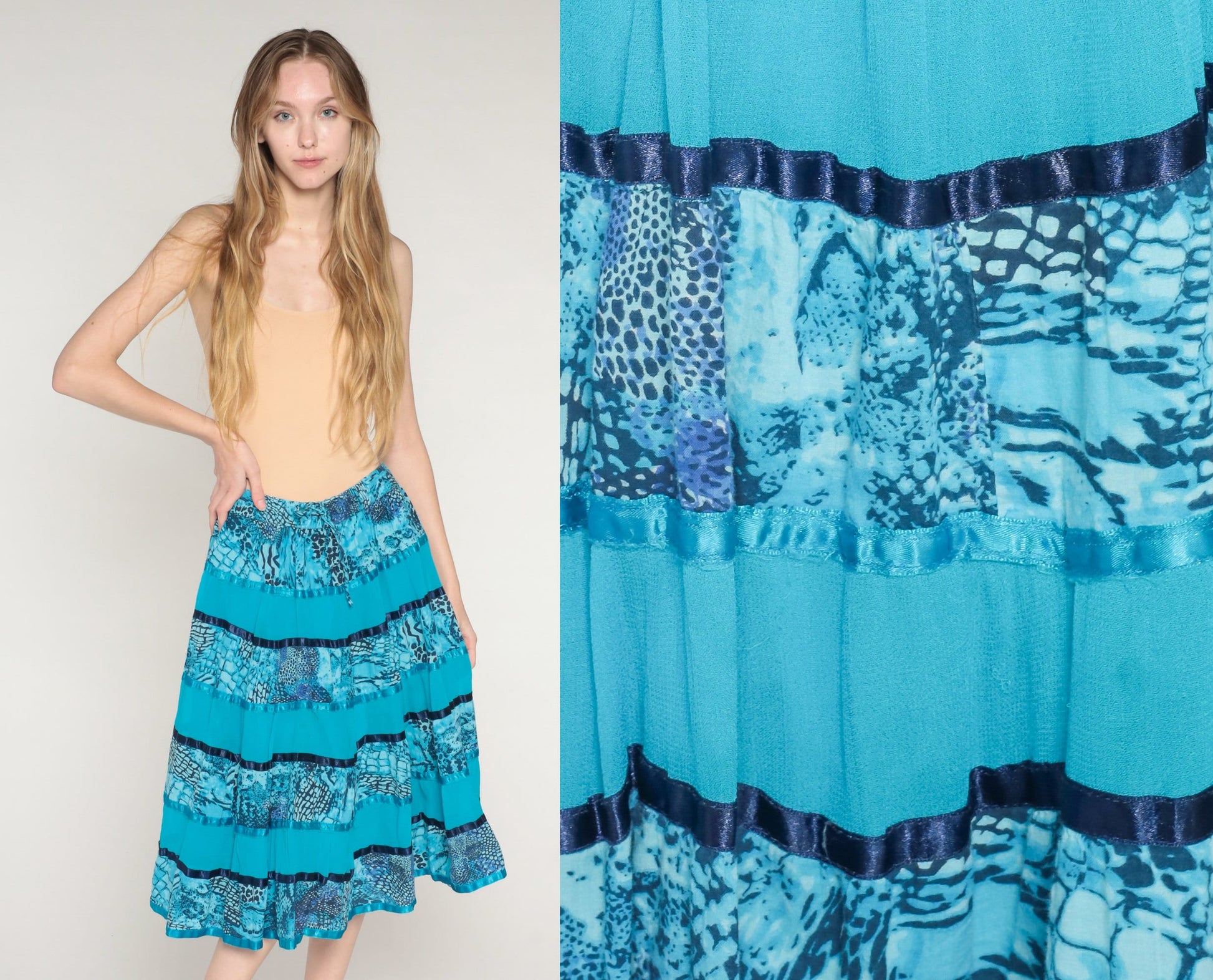 00s Blue Tiered Midi Skirt Animal Print Ribbon Trim Cotton Small