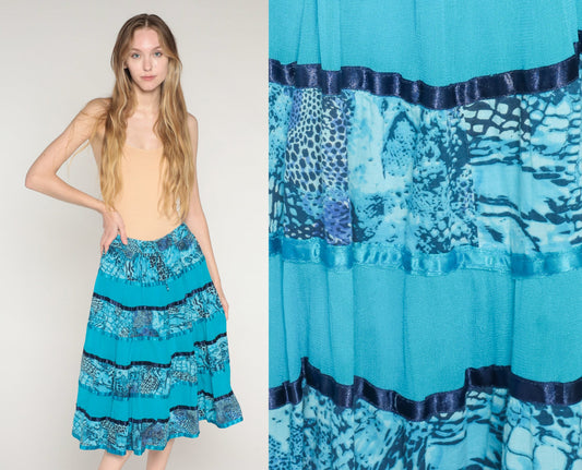 00s Blue Tiered Midi Skirt Animal Print Ribbon Trim Cotton Small
