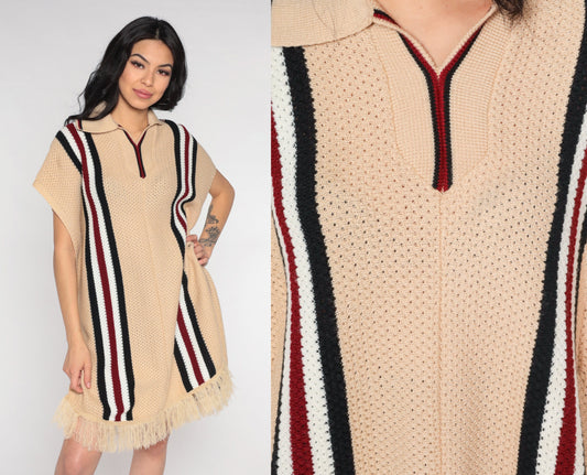 70s Tan Striped Knit Poncho Collared Fringe Shawl One Size