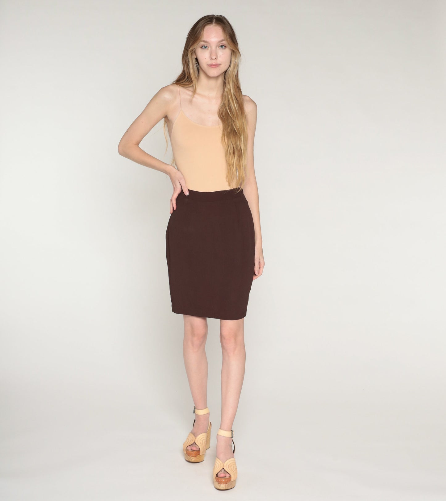 90s Brown Pencil Mini Skirt High Waist Fitted Zipper Medium M