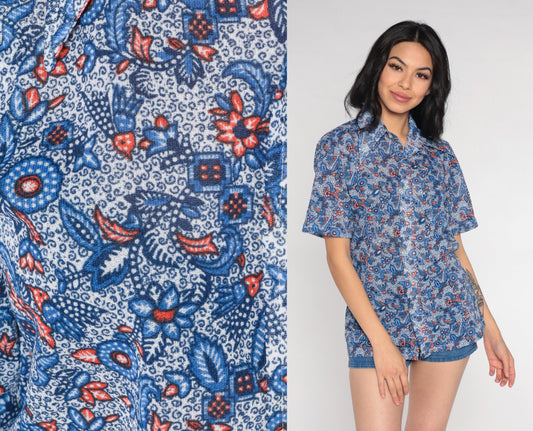 70s Blue Floral Dagger Collar Button-Up Shirt Men's Small