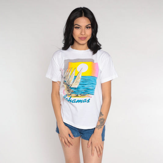 90s Bahamas Sailboat Graphic T-Shirt White Vintage Tee Small