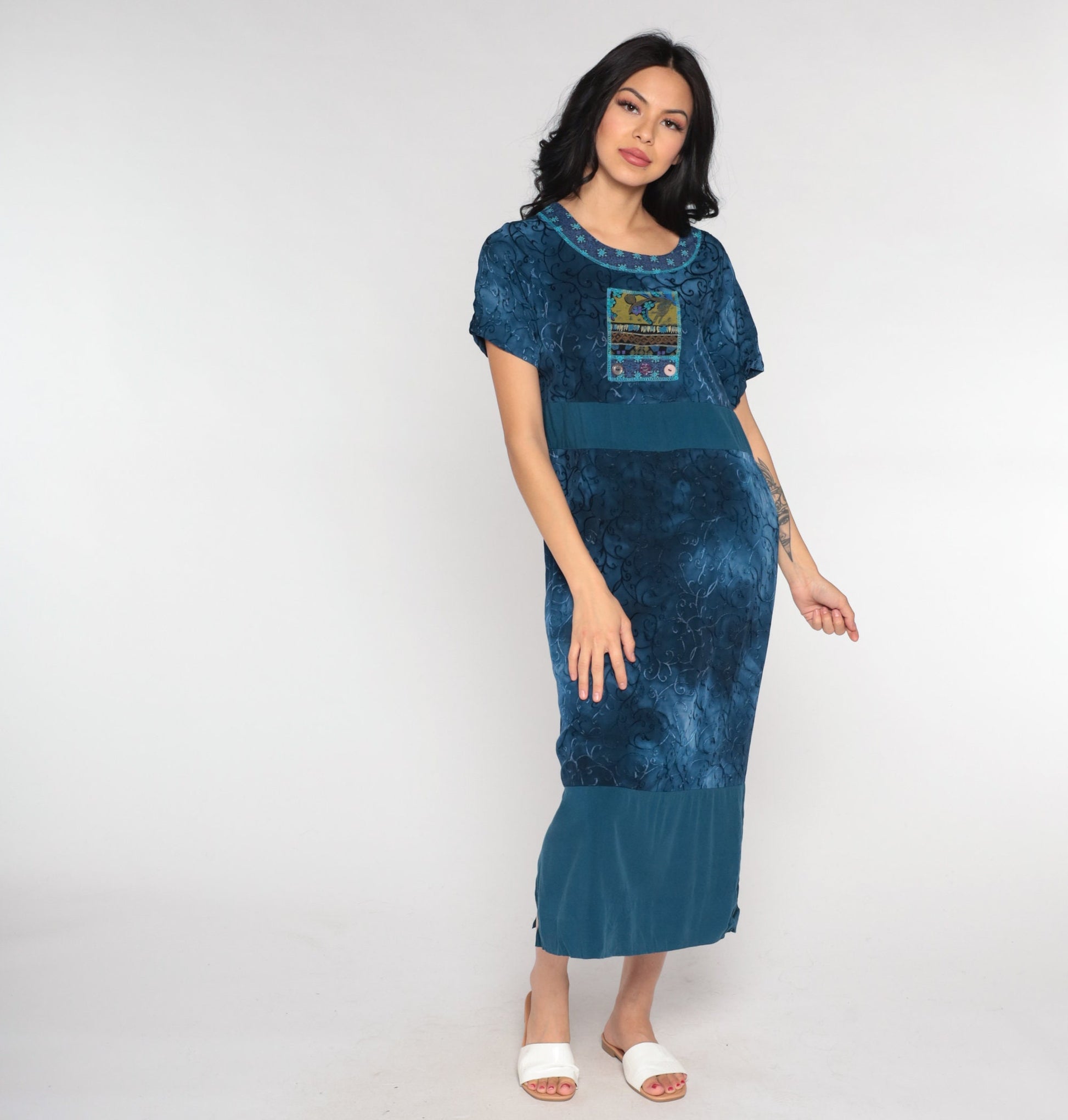 00s Dark Blue Vine Print Midi Dress Geometric Patch Side Slit Small S