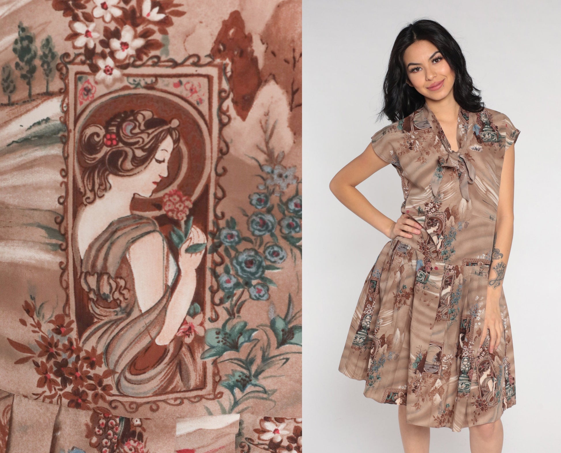 70s Art Nouveau Floral Mini Dress Brown Ascot Bow Cap Sleeve Small