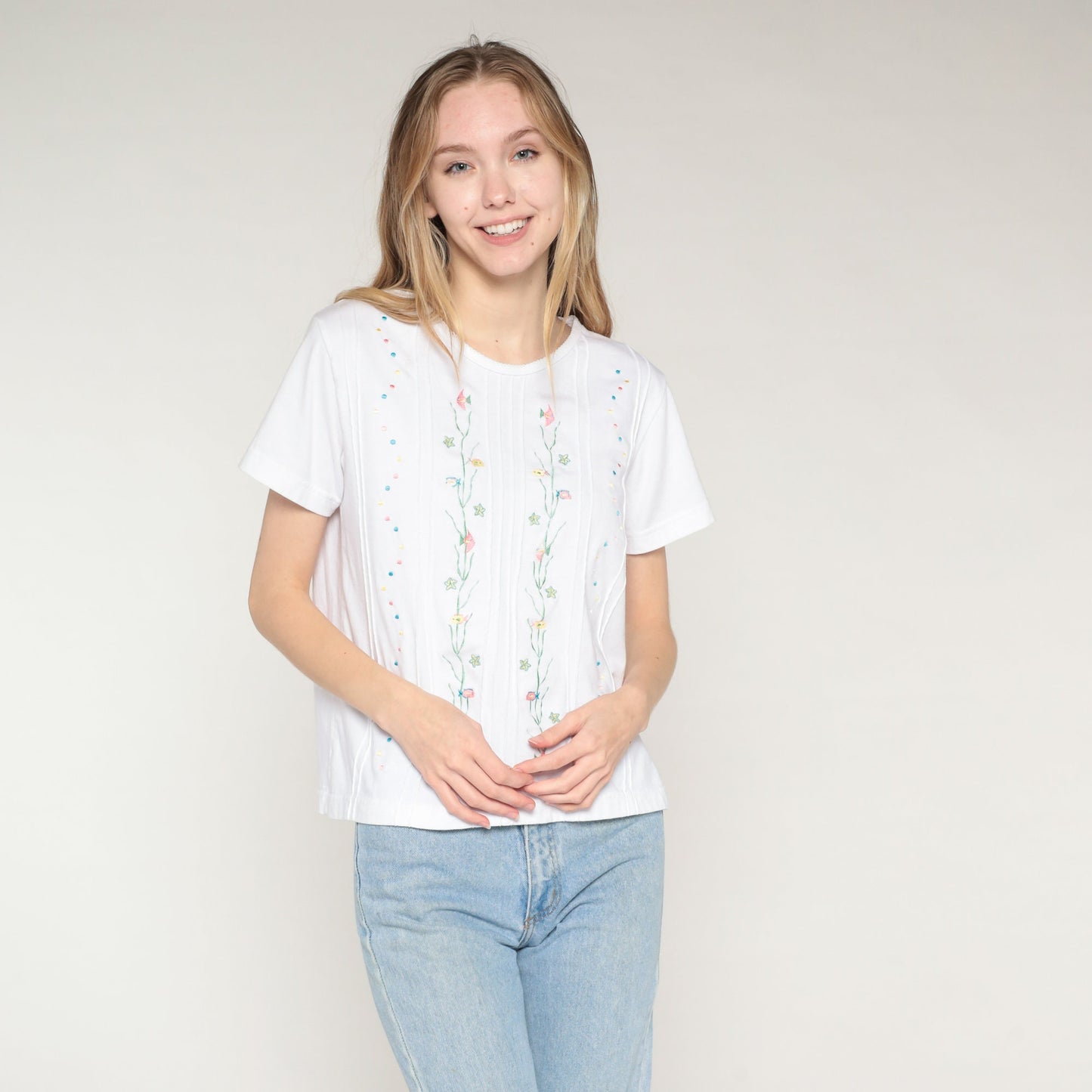 90s Shenanigans White Embroidered Fish Blouse Tropical Starfish Medium
