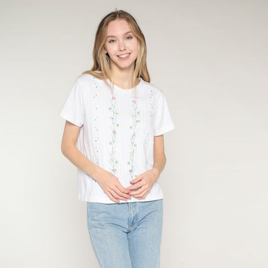 90s Shenanigans White Embroidered Fish Blouse Tropical Starfish Medium