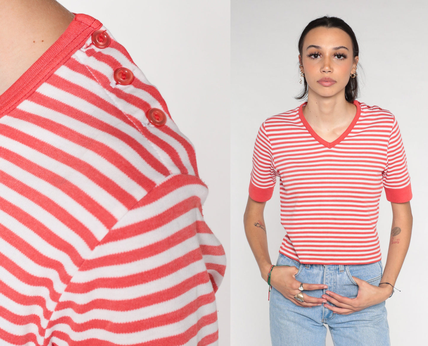 90s Red White Striped V-Neck T-Shirt Ringer Tee Medium