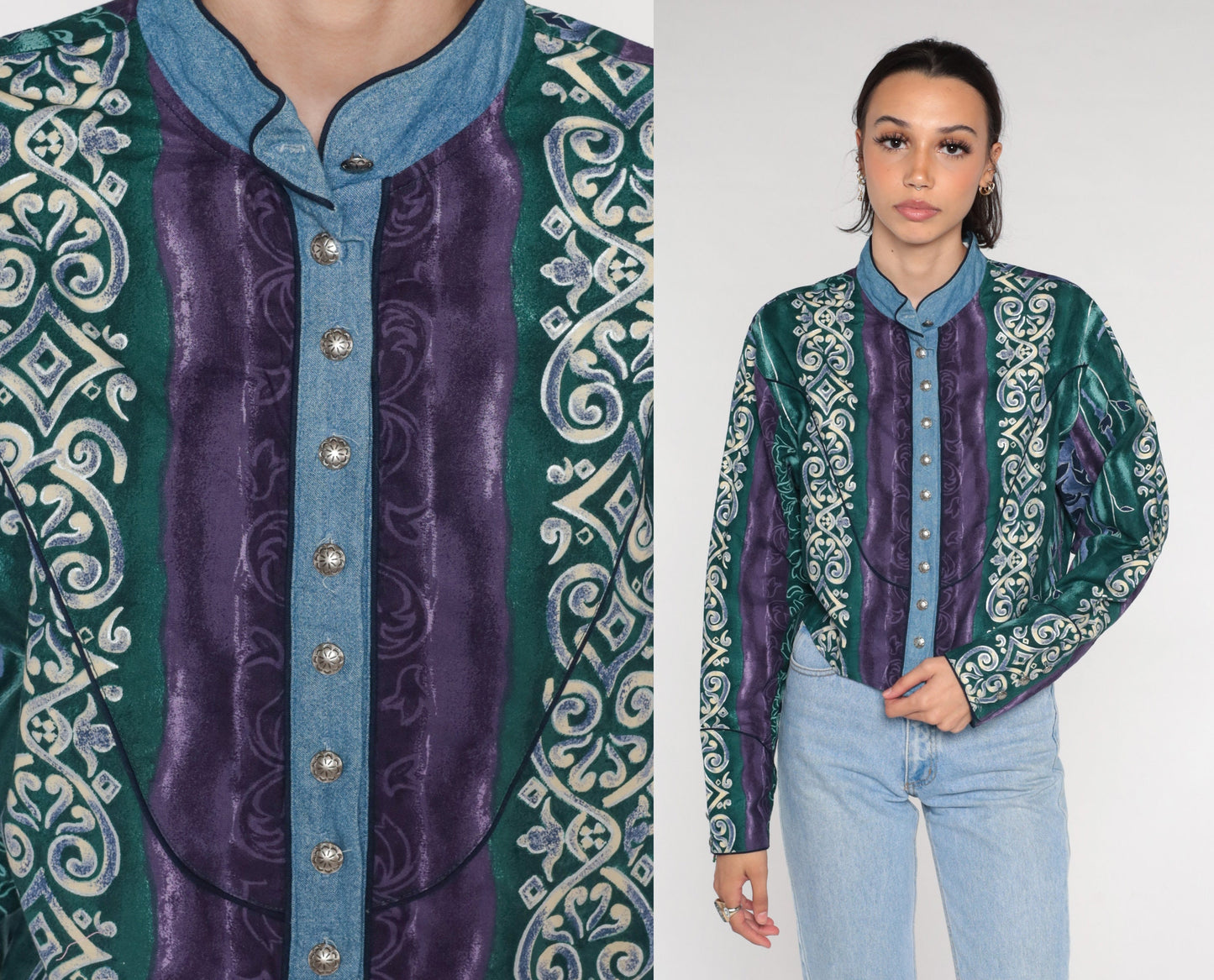 90s Wrangler Abstract Striped Button Up Blouse Long Sleeve High Neck Cotton Large