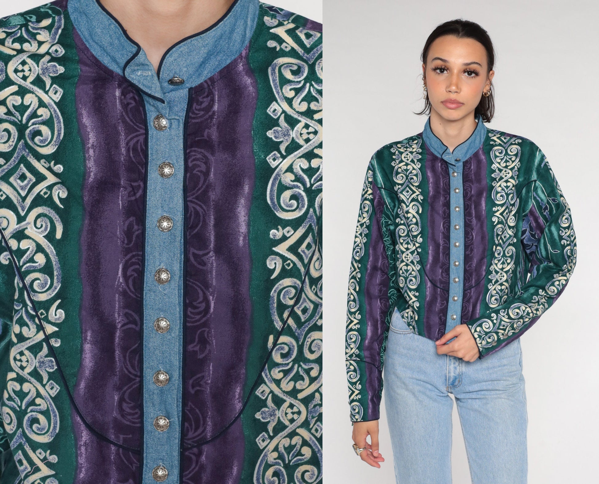 90s Wrangler Abstract Striped Button Up Blouse Long Sleeve High Neck Cotton Large