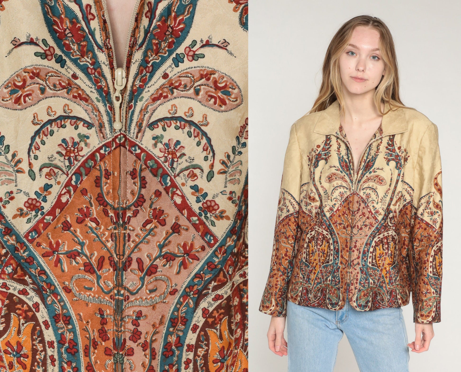 Y2K Coldwater Creek Floral Embossed Jacket Tan Indian Print Zip-Up Extra Large XXL