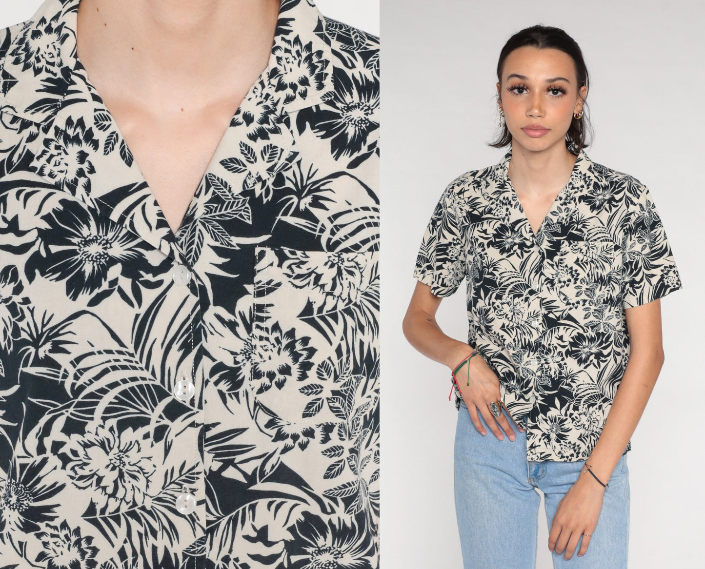 Y2K Floral Button-Up Blouse Black Beige Flower Print Short Sleeve Small