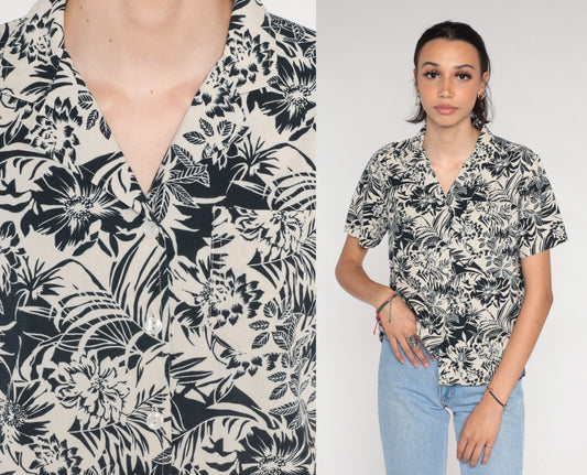 Y2K Floral Button-Up Blouse Black Beige Flower Print Short Sleeve Small