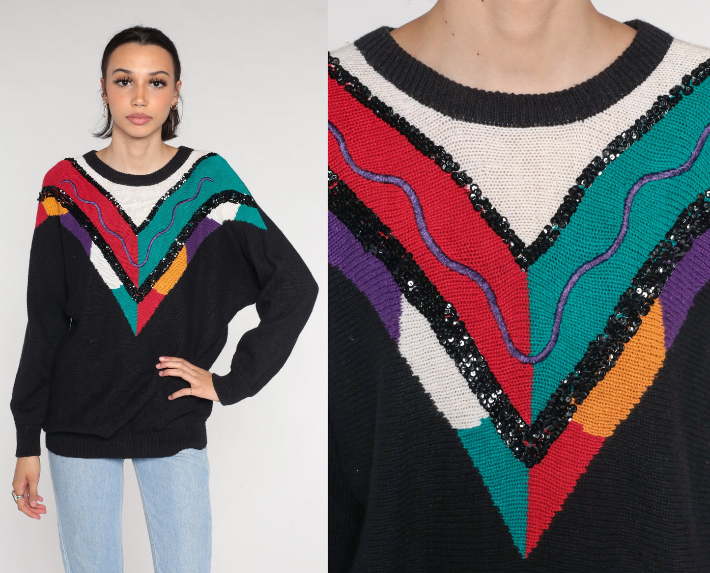 90s Black Sequin Chevron Knit Sweater Embroidered Squiggle Cotton Ramie Extra Large