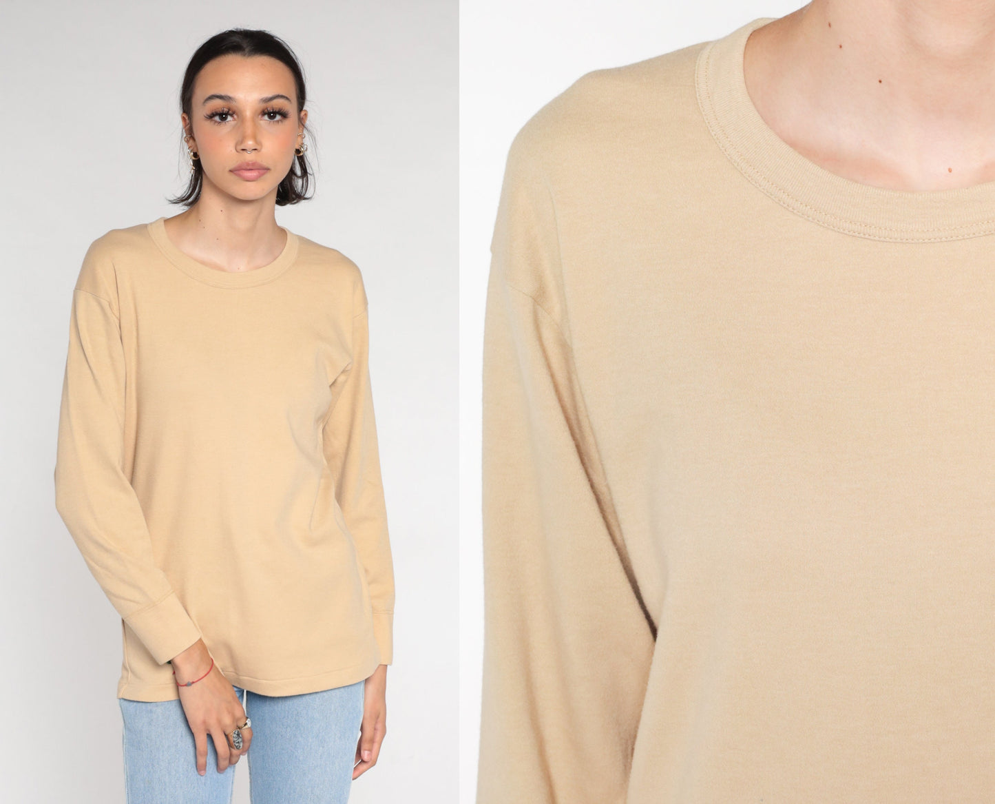 00s Tan Long Sleeve T-Shirt Plain Crewneck Cotton Blend Large L