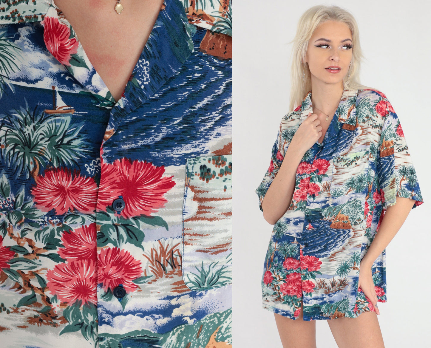 Y2K Hawaiian Islands Button Up Shirt Tropical Print Blue Sailboat Extra Large