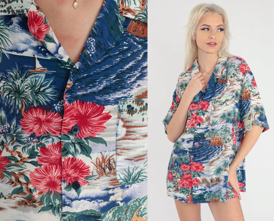 Y2K Hawaiian Islands Button Up Shirt Tropical Print Blue Sailboat Extra Large