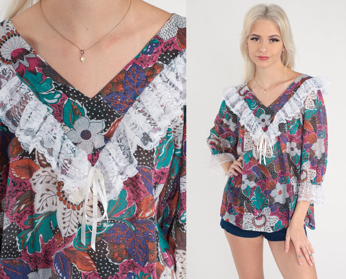 80s Floral Lace Blouse V-Neck Ruffle Tropical Print 3/4 Sleeve Large L