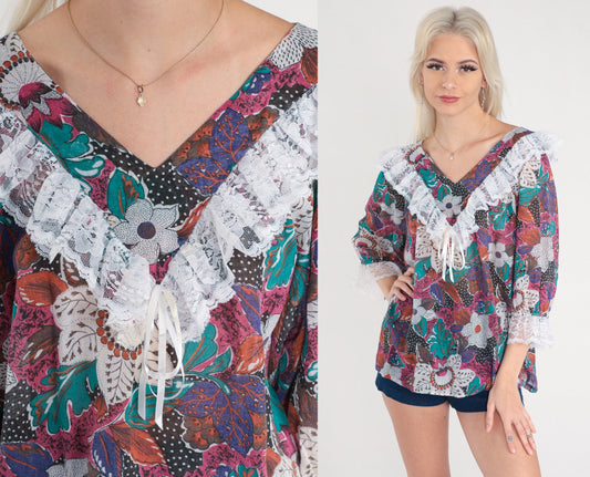 80s Floral Lace Blouse V-Neck Ruffle Tropical Print 3/4 Sleeve Large L