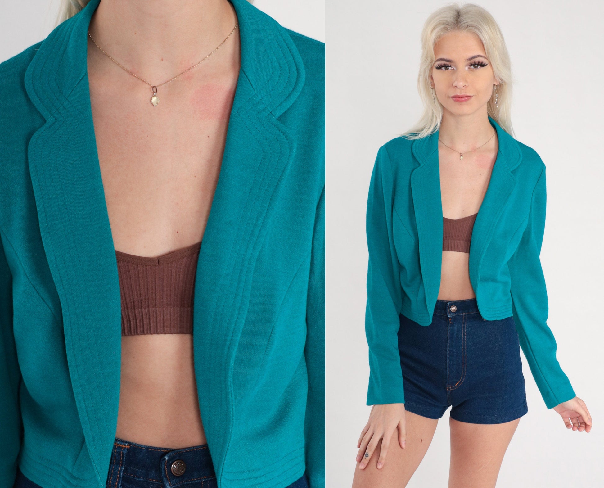 80s Leslie Fay Teal Blazer Open Front Office Jacket Small