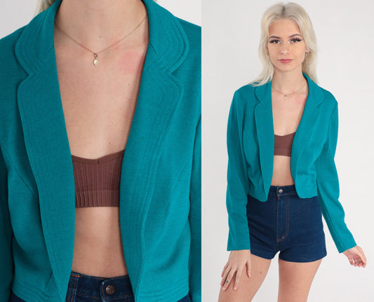 80s Leslie Fay Teal Blazer Open Front Office Jacket Small