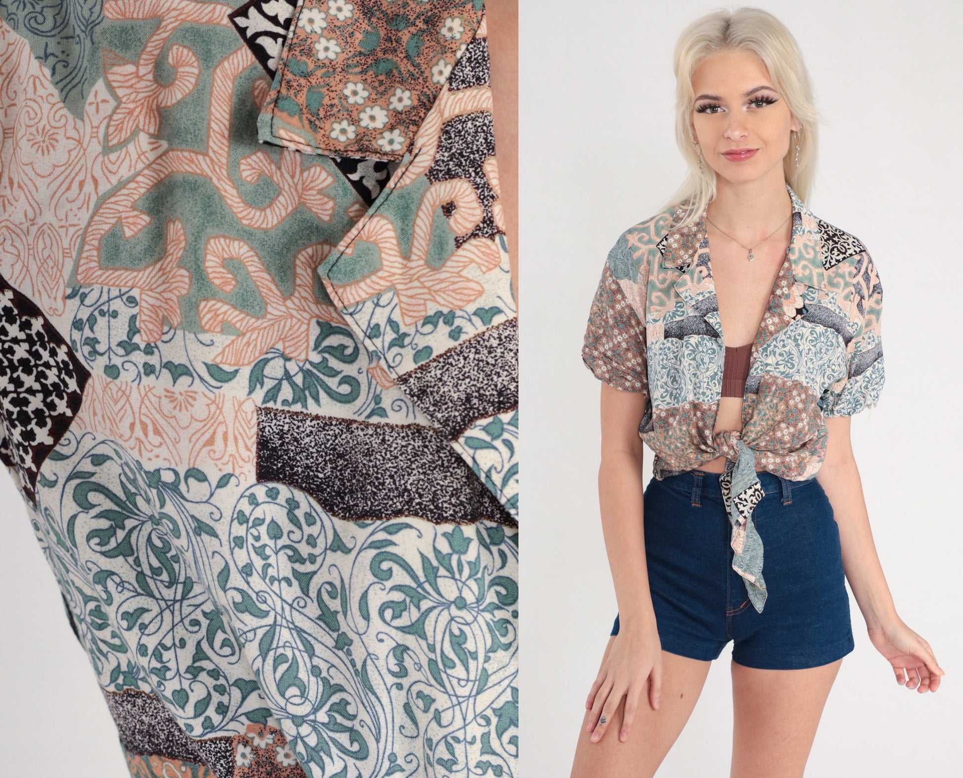 90s Patchwork Floral Crop Top Tie Waist Open Front Rayon Blouse Small