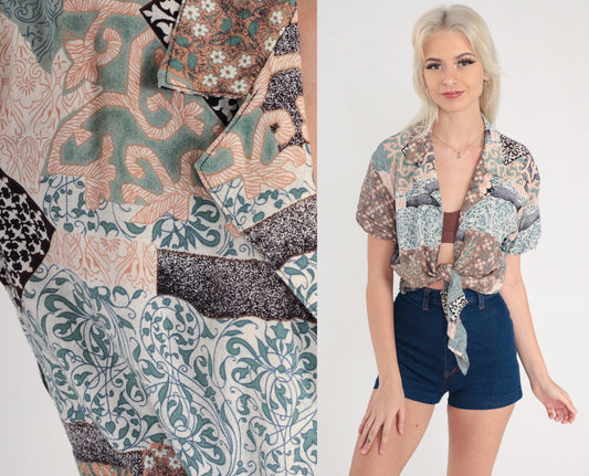 90s Patchwork Floral Crop Top Tie Waist Open Front Rayon Blouse Small