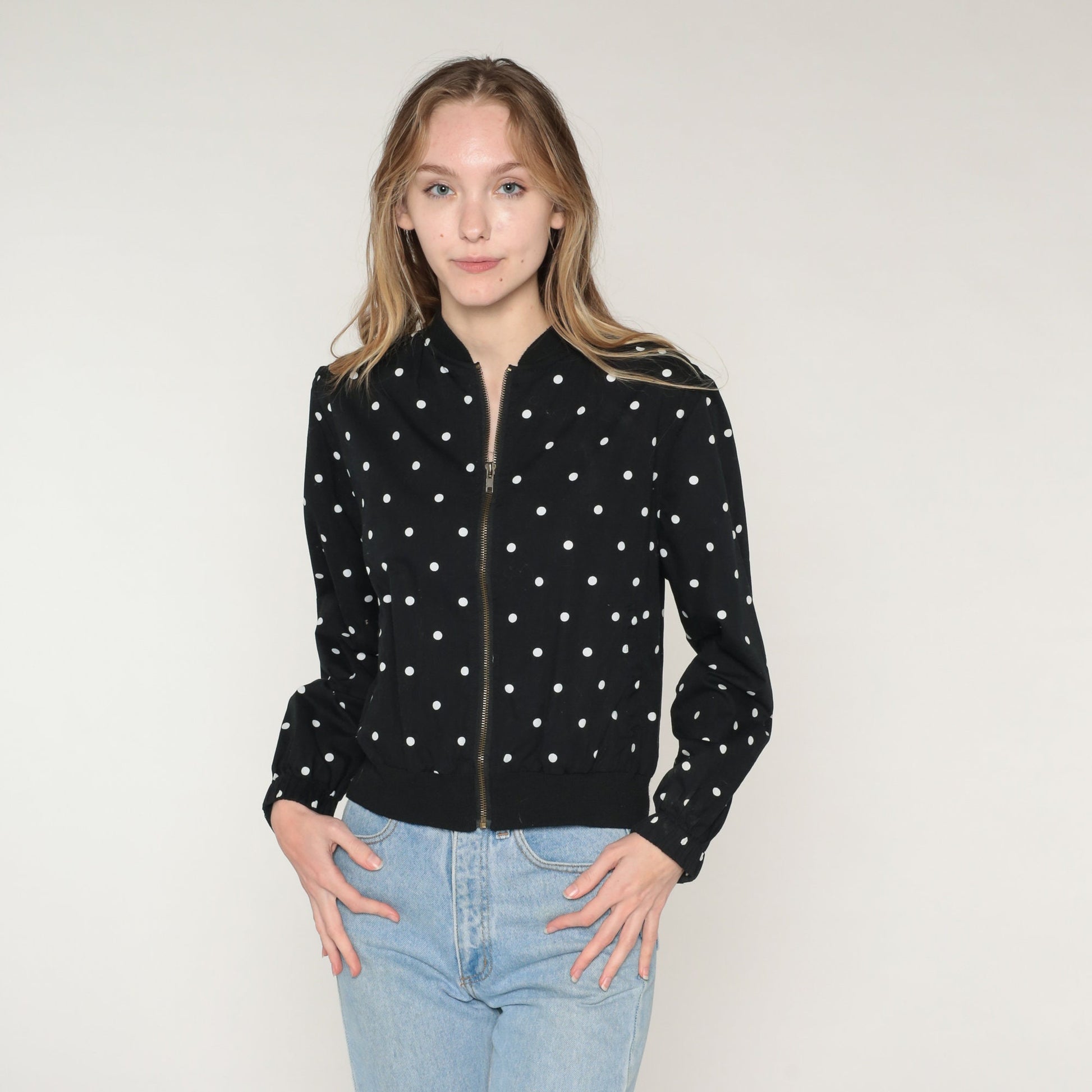 Y2K Black Cotton Zip Jacket White Polka Dot Print Small S