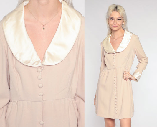 70s I Magnin Mini Dress Beige Button-Up High-Waisted Long Sleeve Small S