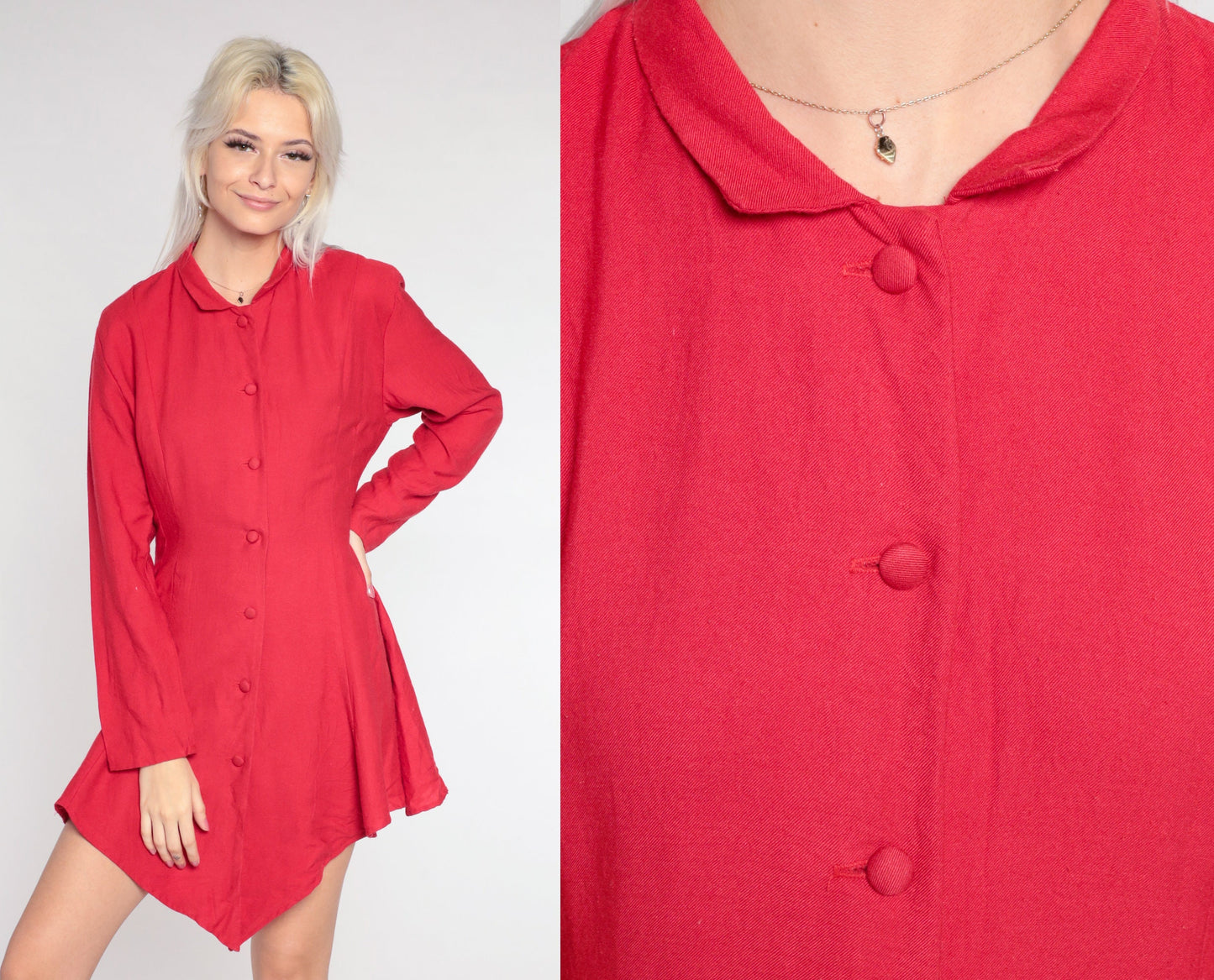 80s Red Rayon Twill Button-Up Mini Dress High-Low Hem Long Sleeve Medium