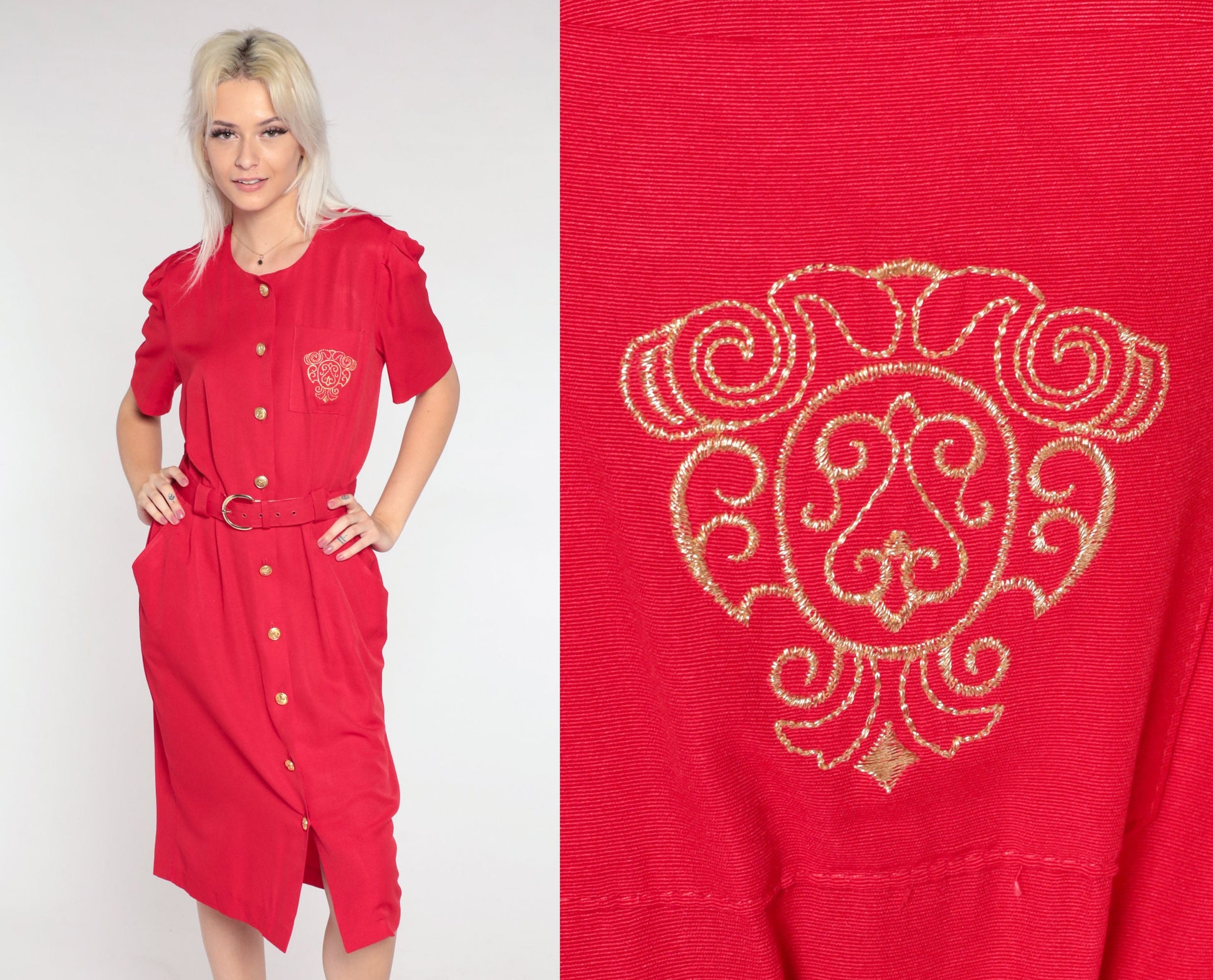90s Red Midi Shirtdress Gold Crest Pocket Puff Sleeve Button Up Small