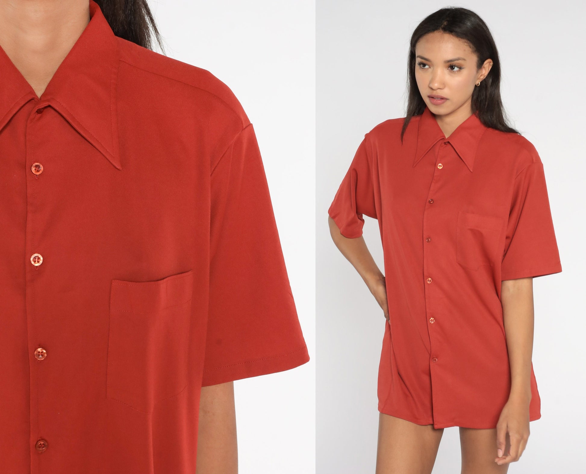 70s Dagger Collar Button-Up Shirt Rust Orange Short Sleeve Men's 16.5